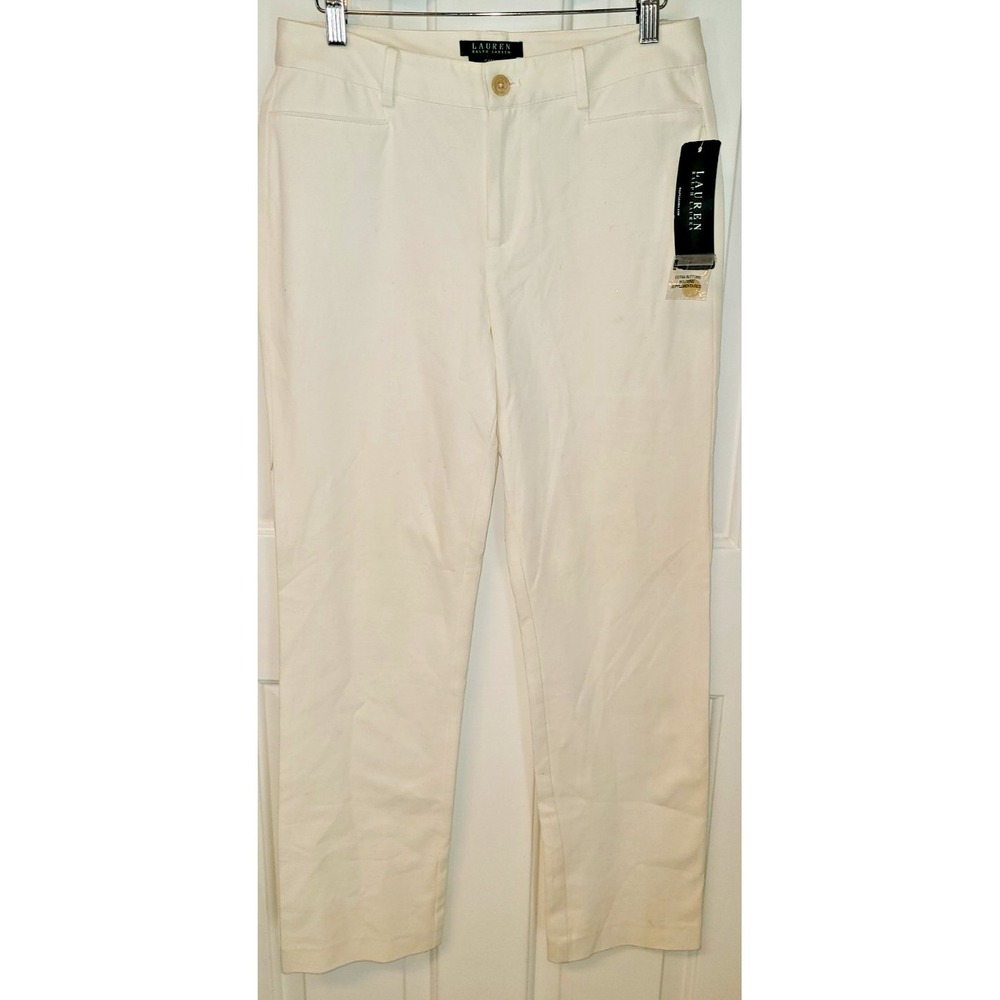 NWT‎ Lauren Ralph Lauren Catlin White Straight Leg Cotton Blend Pants Size 4.